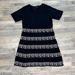 Nine West Black Beige Stripe Short Sleeve Sweater Dress O35